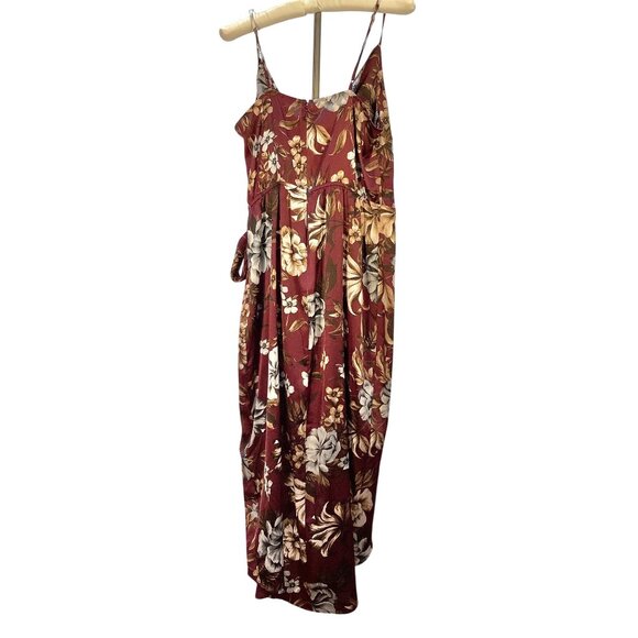 Express Size M Floral Burgundy Satin Midi Dress Cowl Neck Hi-Lo Beachy Whimsy - Picture 12 of 12